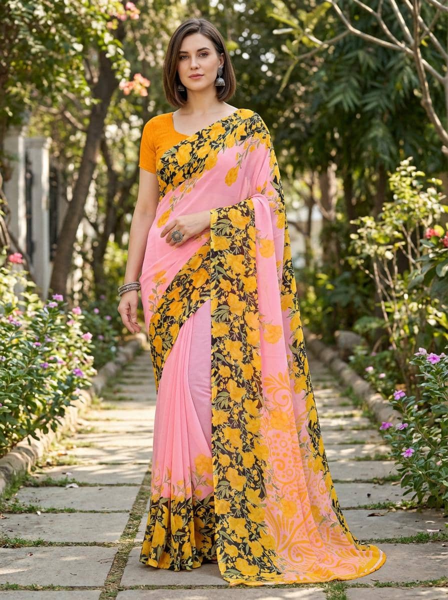 Kashvi Sarees Georgette Printed Kasavu Saree With Unstitched Blouse Piece ( PINK ) - Sarees | Buy online on ZillyBuy