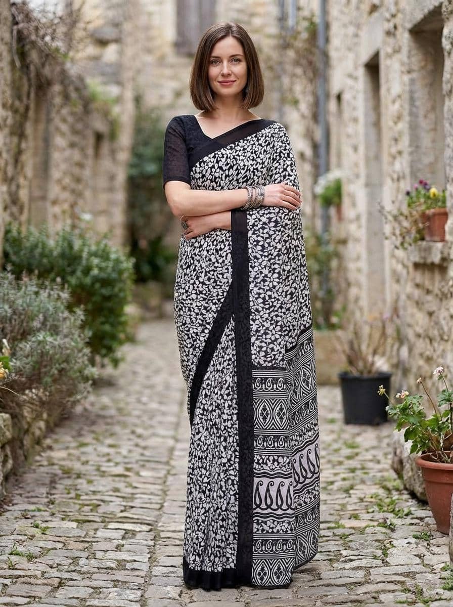 Kashvi Sarees Georgette Printed Kasavu Saree With Unstitched Blouse Piece ( BLACK ) - Sarees | Buy online on ZillyBuy