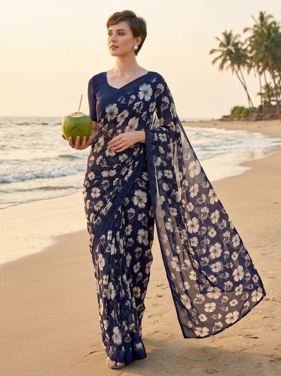 Kashvi Sarees Georgette Printed Kasavu Saree With Unstitched Blouse Piece ( GREEN ) - Sarees | Buy online on ZillyBuy