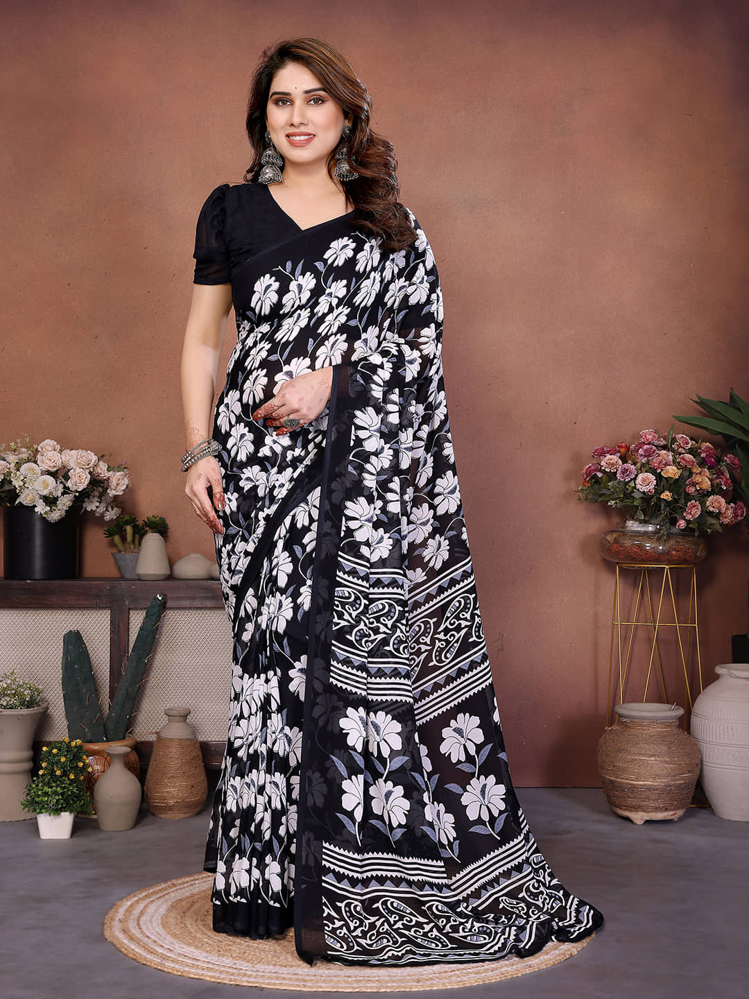 Kashvi Sarees Georgette Printed Regular Saree With Unstitched Blouse Piece ( Black ) - Sarees | Buy online on ZillyBuy