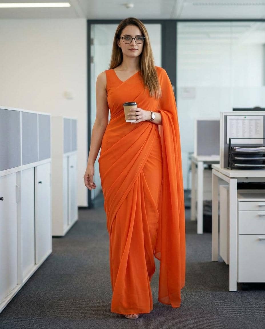 Kashvi Sarees Georgette Solid Kasavu Saree With Unstitched Blouse Piece ( ORANGE ) - Sarees | Buy online on ZillyBuy