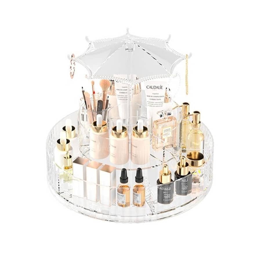 Plastic Multi Purpose Umbrella-Shaped 360° Round Dust-Proof Transparent 2-Layer Rotating Cosmetic Organizer For Brush / Make Up / Cosmetic / Lipstick / Perfume / Skincare / Make Up Organiser Rack Stand - Transparent