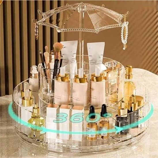 Plastic Multi Purpose Umbrella-Shaped 360° Round Dust-Proof Transparent 2-Layer Rotating Cosmetic Organizer For Brush / Make Up / Cosmetic / Lipstick / Perfume / Skincare / Make Up Organiser Rack Stand - Transparent
