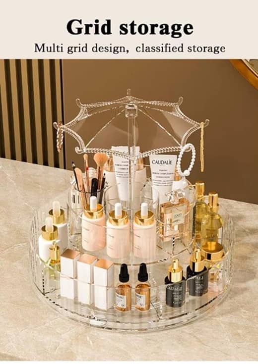 Plastic Multi Purpose Umbrella-Shaped 360° Round Dust-Proof Transparent 2-Layer Rotating Cosmetic Organizer For Brush / Make Up / Cosmetic / Lipstick / Perfume / Skincare / Make Up Organiser Rack Stand - Transparent - Jewellery Sets | Buy online on ZillyBuy