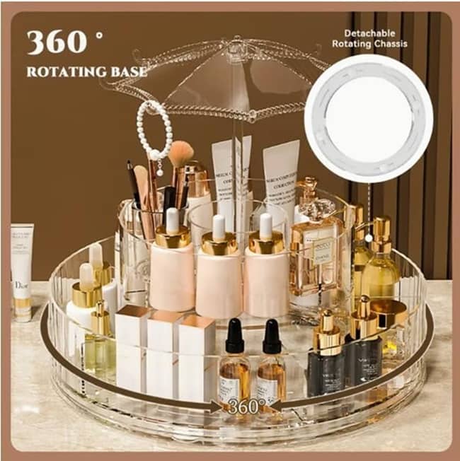 Plastic Multi Purpose Umbrella-Shaped 360° Round Dust-Proof Transparent 2-Layer Rotating Cosmetic Organizer For Brush / Make Up / Cosmetic / Lipstick / Perfume / Skincare / Make Up Organiser Rack Stand - Transparent - Jewellery Sets | Buy online on ZillyBuy