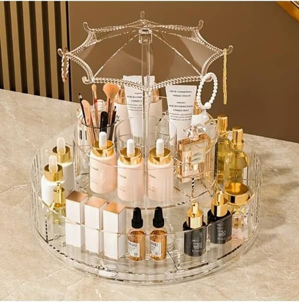 Plastic Multi Purpose Umbrella-Shaped 360° Round Dust-Proof Transparent 2-Layer Rotating Cosmetic Organizer For Brush / Make Up / Cosmetic / Lipstick / Perfume / Skincare / Make Up Organiser Rack Stand - Transparent - Jewellery Sets | Buy online on ZillyBuy