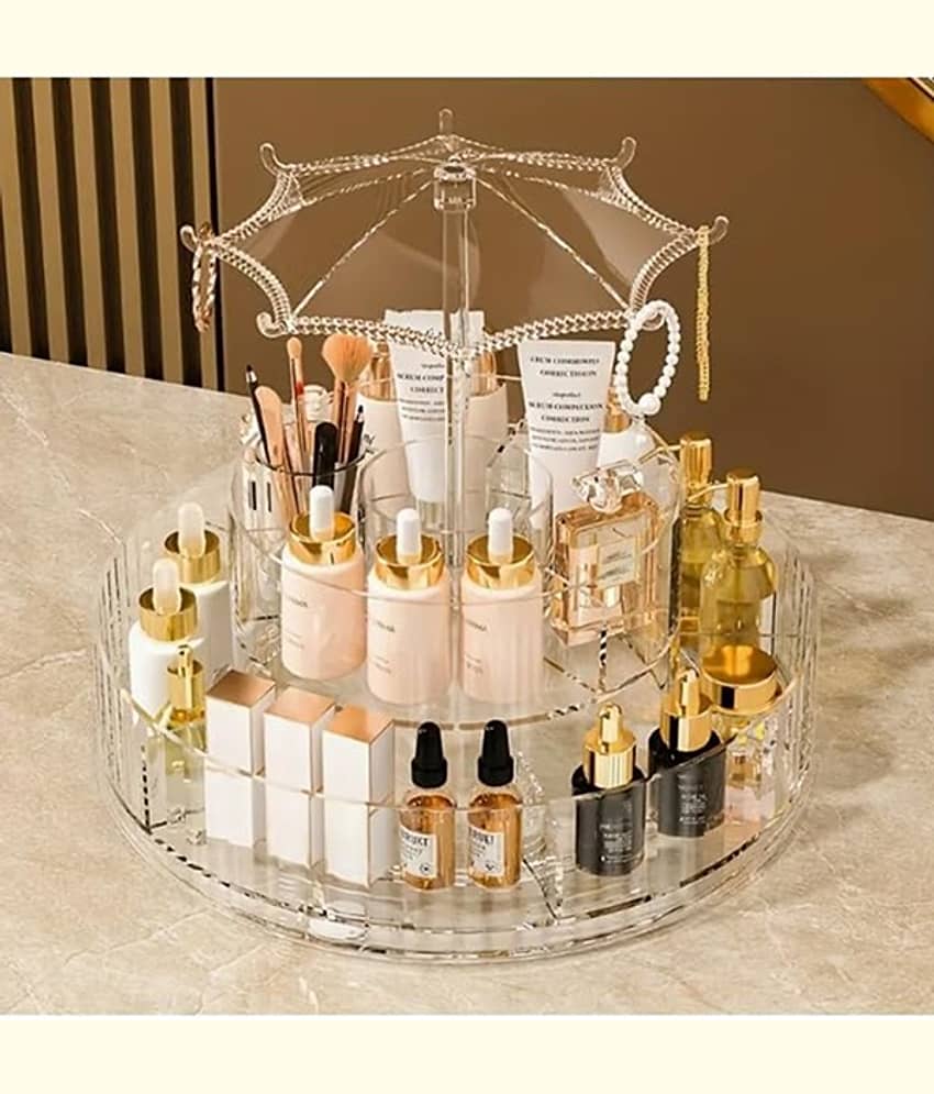 Plastic Multi Purpose Umbrella-Shaped 360° Round Dust-Proof Transparent 2-Layer Rotating Cosmetic Organizer For Brush / Make Up / Cosmetic / Lipstick / Perfume / Skincare / Make Up Organiser Rack Stand - Transparent - Jewellery Sets | Buy online on ZillyBuy
