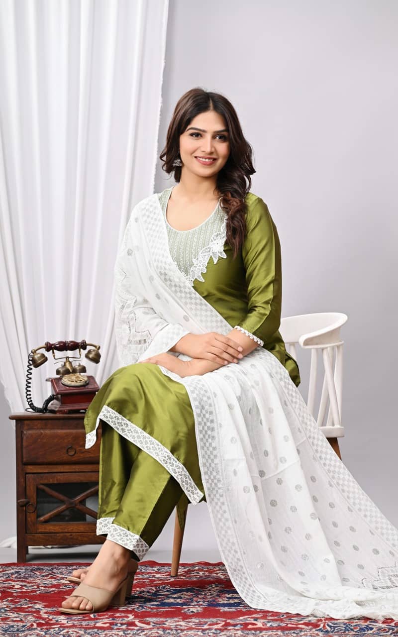 RAMBAAN CREATION Women Silk Blend Embroidered Straight Kurti With Pants ( Multicolor )