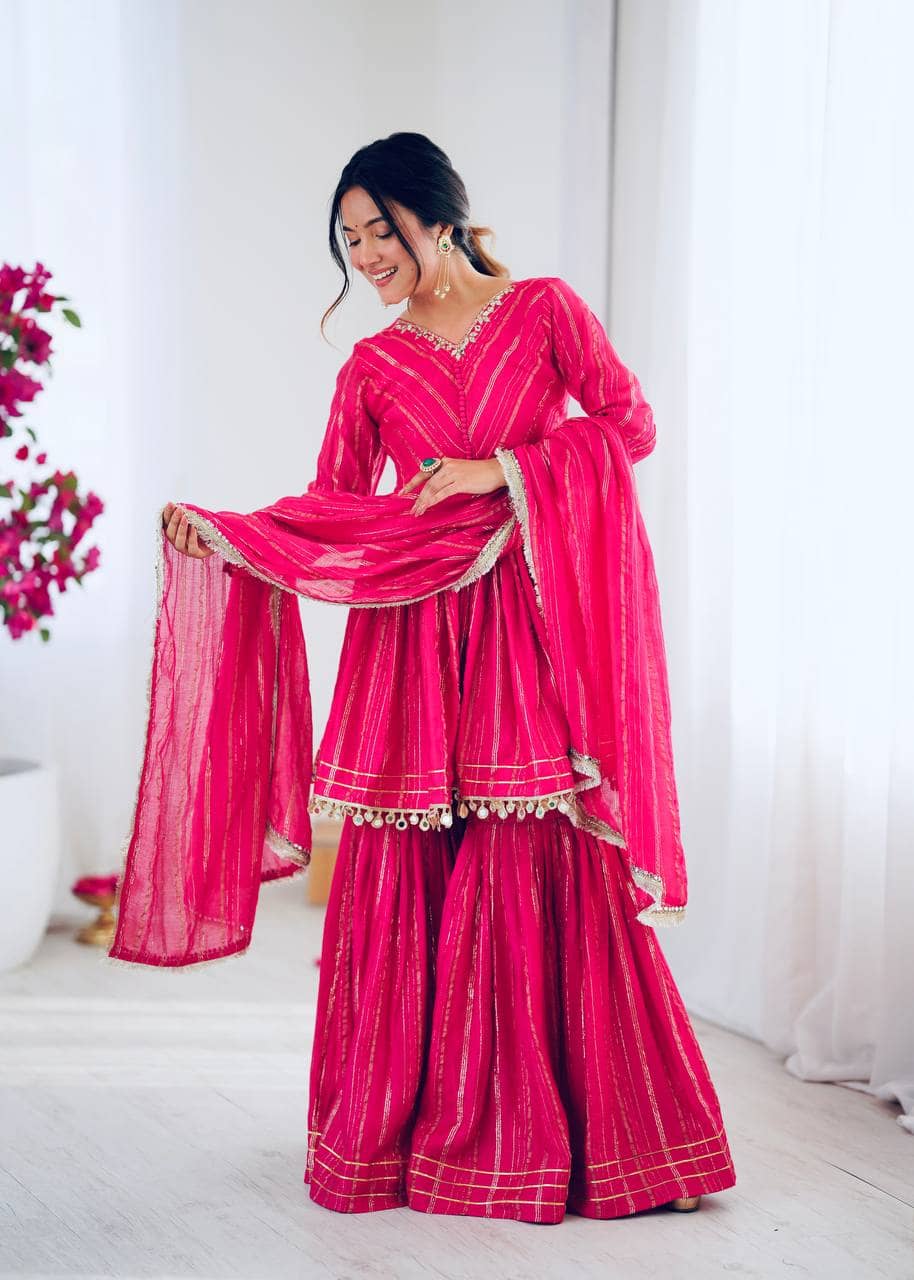 VYOM EMPORIO Women Chanderi Embroidered Ethnic Motifs Kurti With Salwar ( Pink )