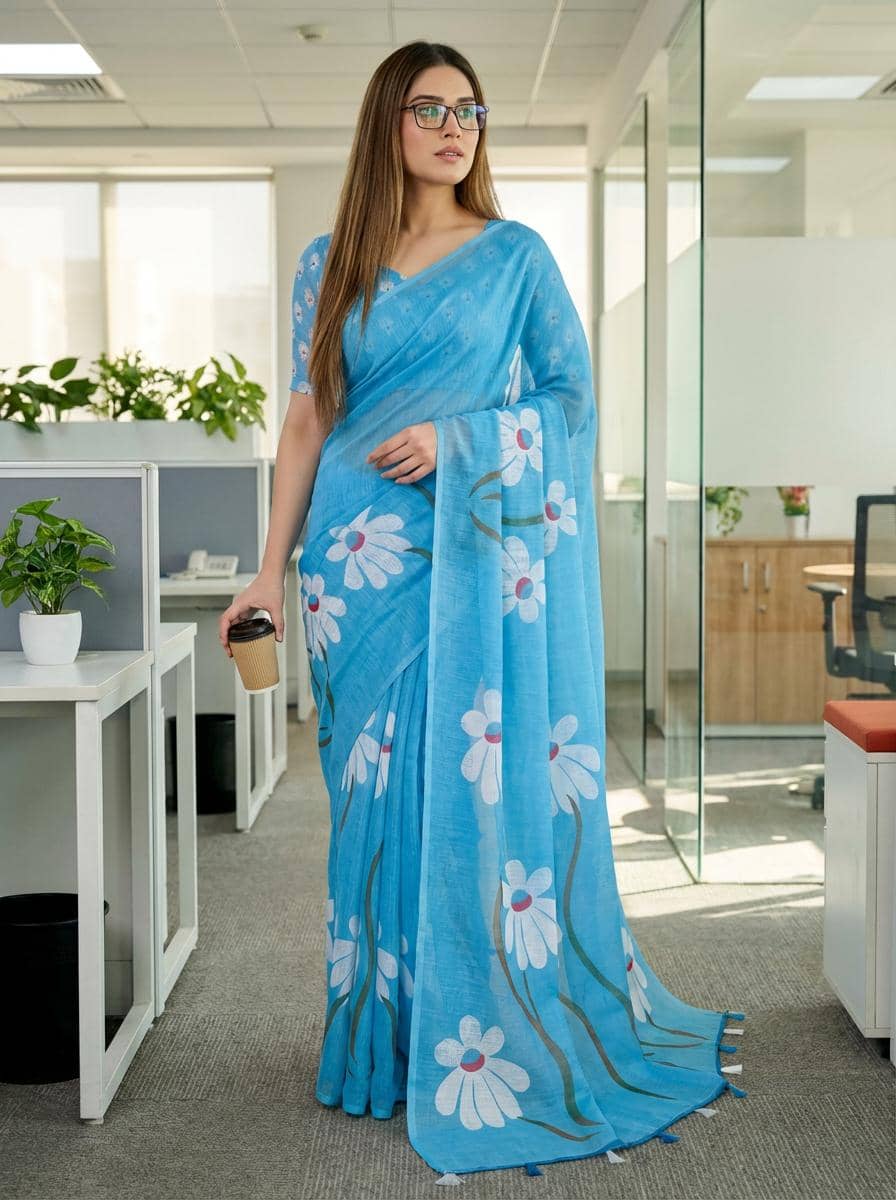 ANAND SAREES Cotton Printed Kasavu Saree With Unstitched Blouse Piece ( BLUE )