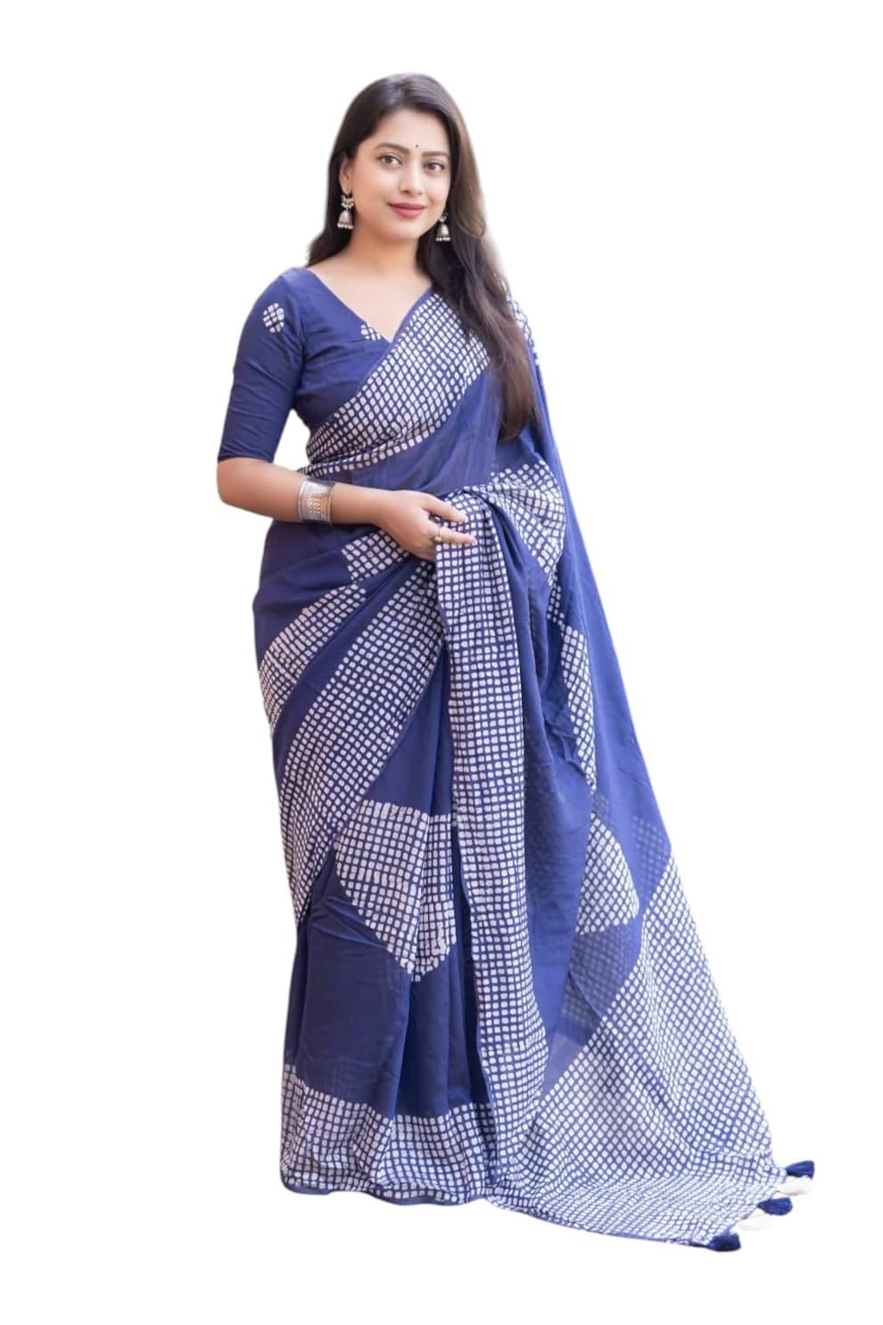 Bhuwal Fashion Linen Printed Regular Saree With Unstitched Blouse Piece ( Blue ) - Sarees | Buy online on ZillyBuy