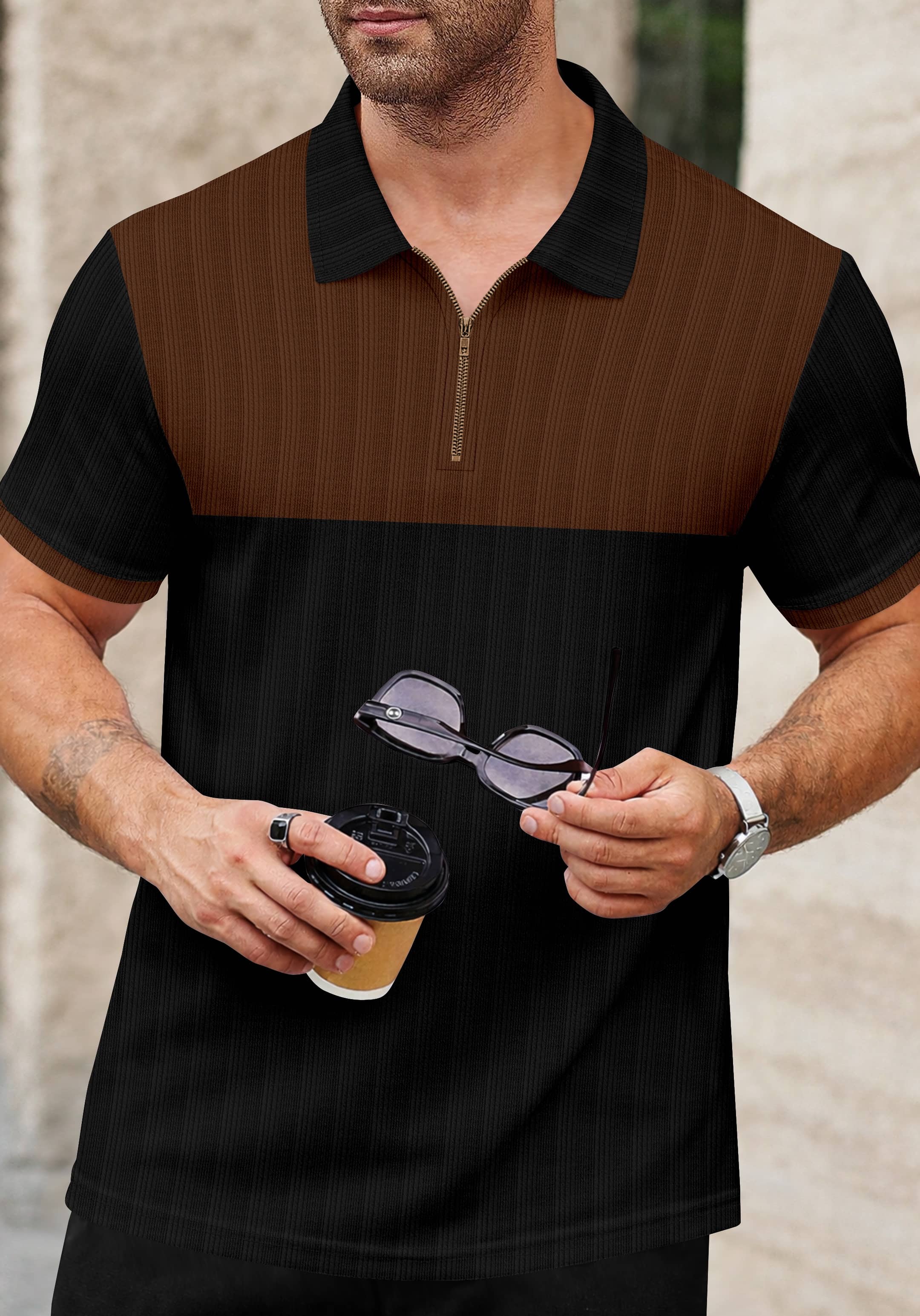 KAJARU Men Cotton Blend Regular Fit Colorblock Polo T Shirt ( Coffee )