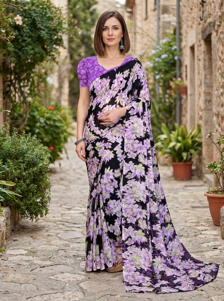Kashvi Sarees Georgette Printed Kasavu Saree With Unstitched Blouse Piece ( PURPLE ) - Sarees | Buy online on ZillyBuy