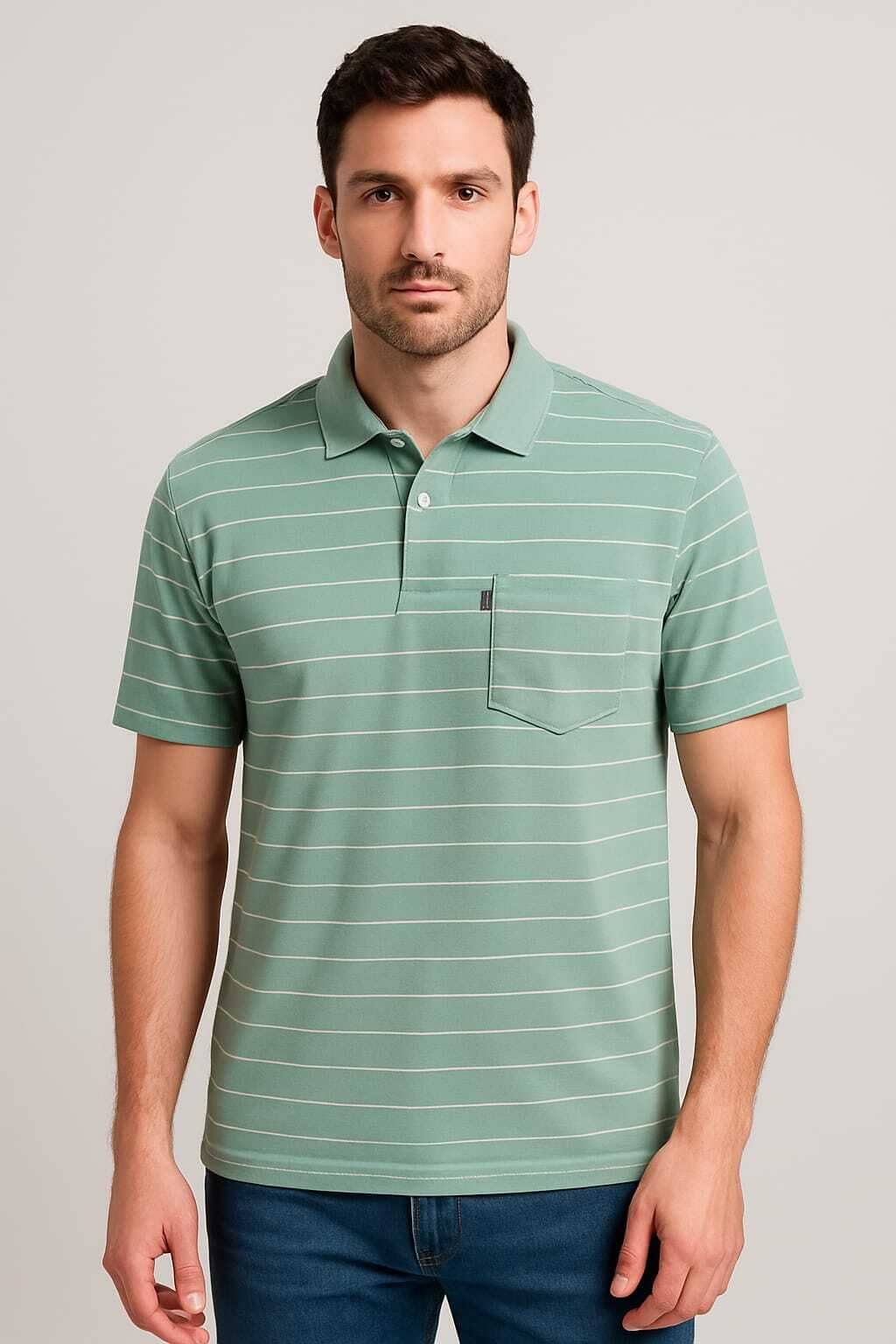 WILD ELEPHANT Men Cotton Blend Regular Fit Striped Polo T Shirt ( Green )
