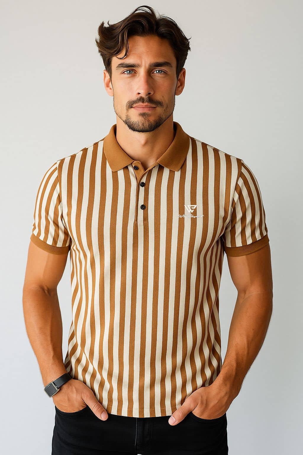 WILD ELEPHANT Men Cotton Blend Regular Fit Striped Polo T Shirt ( Brown )