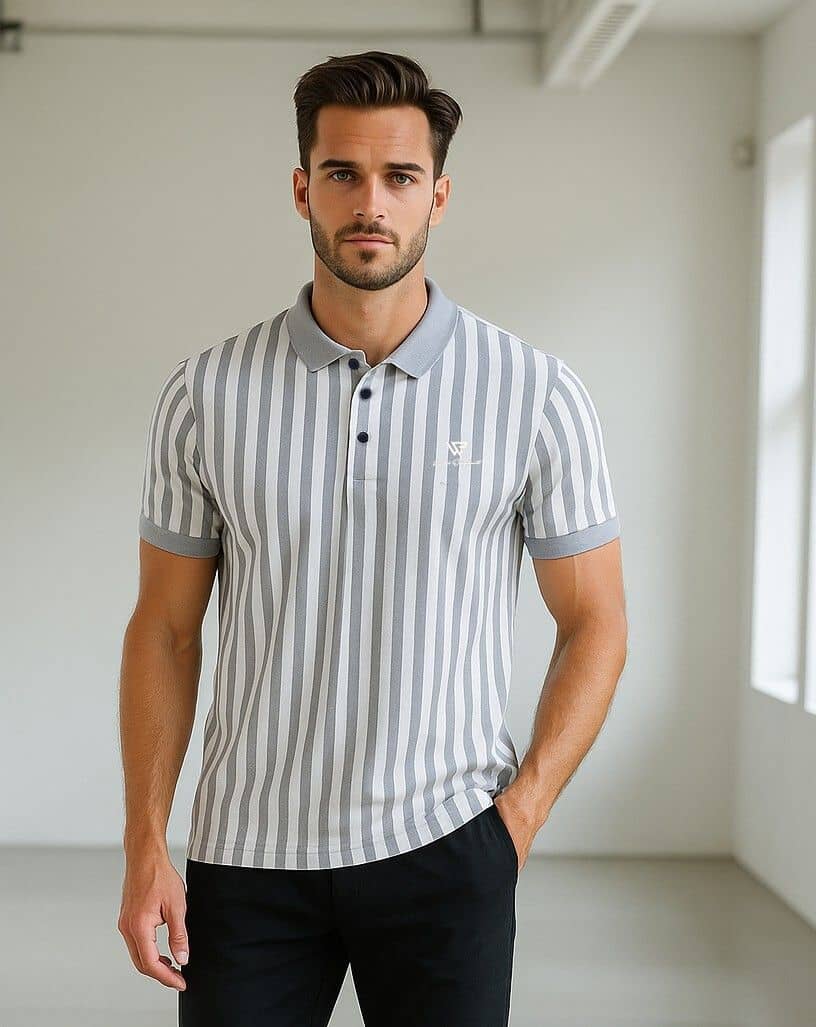 WILD ELEPHANT Men Cotton Blend Regular Fit Striped Polo T Shirt ( Grey )