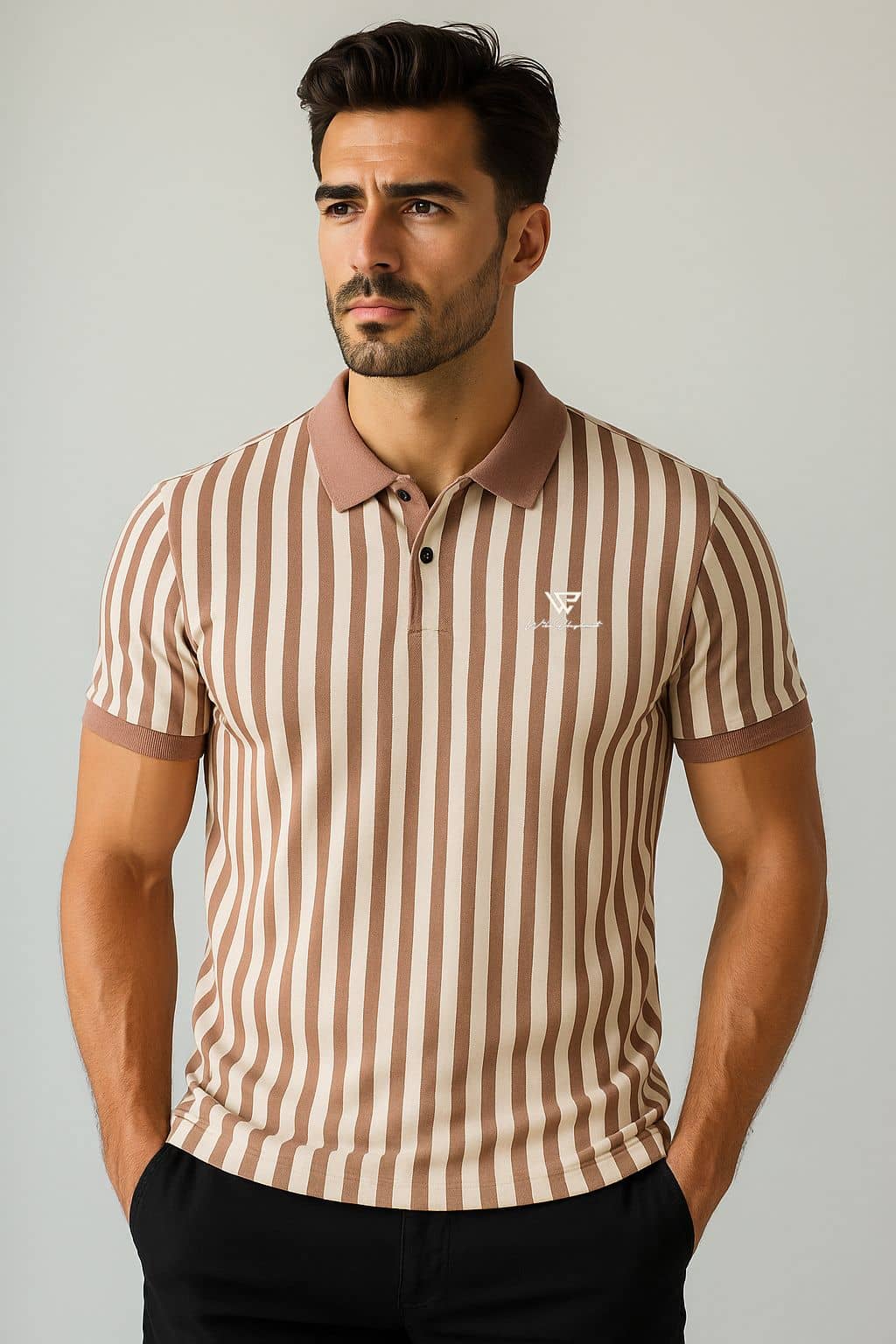 WILD ELEPHANT Men Cotton Blend Regular Fit Striped Polo T Shirt ( Beige )