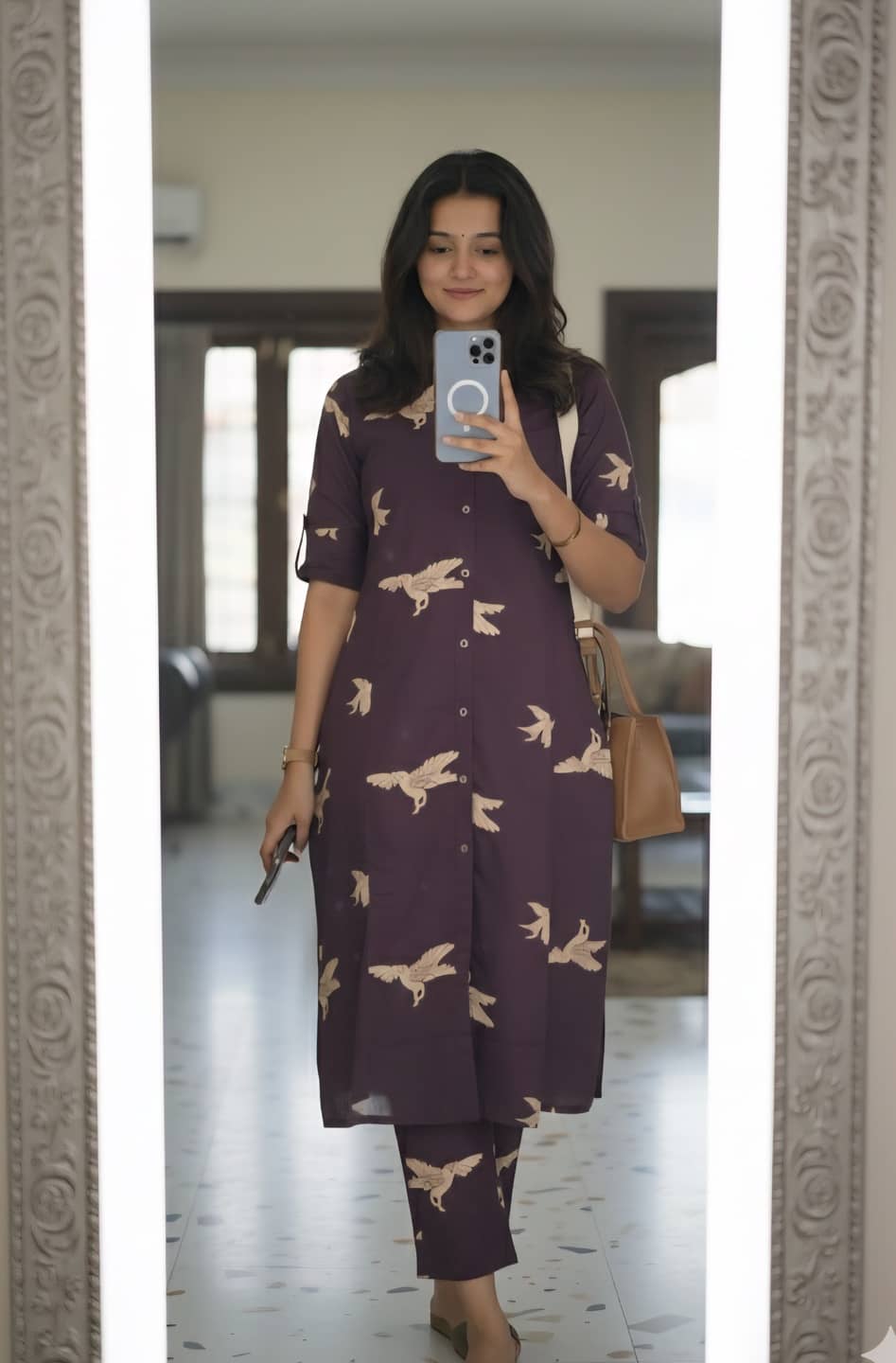 YAGNIK FASHION Women Cotton Blend Self Design A-line Kurti With Pants ( Wine )