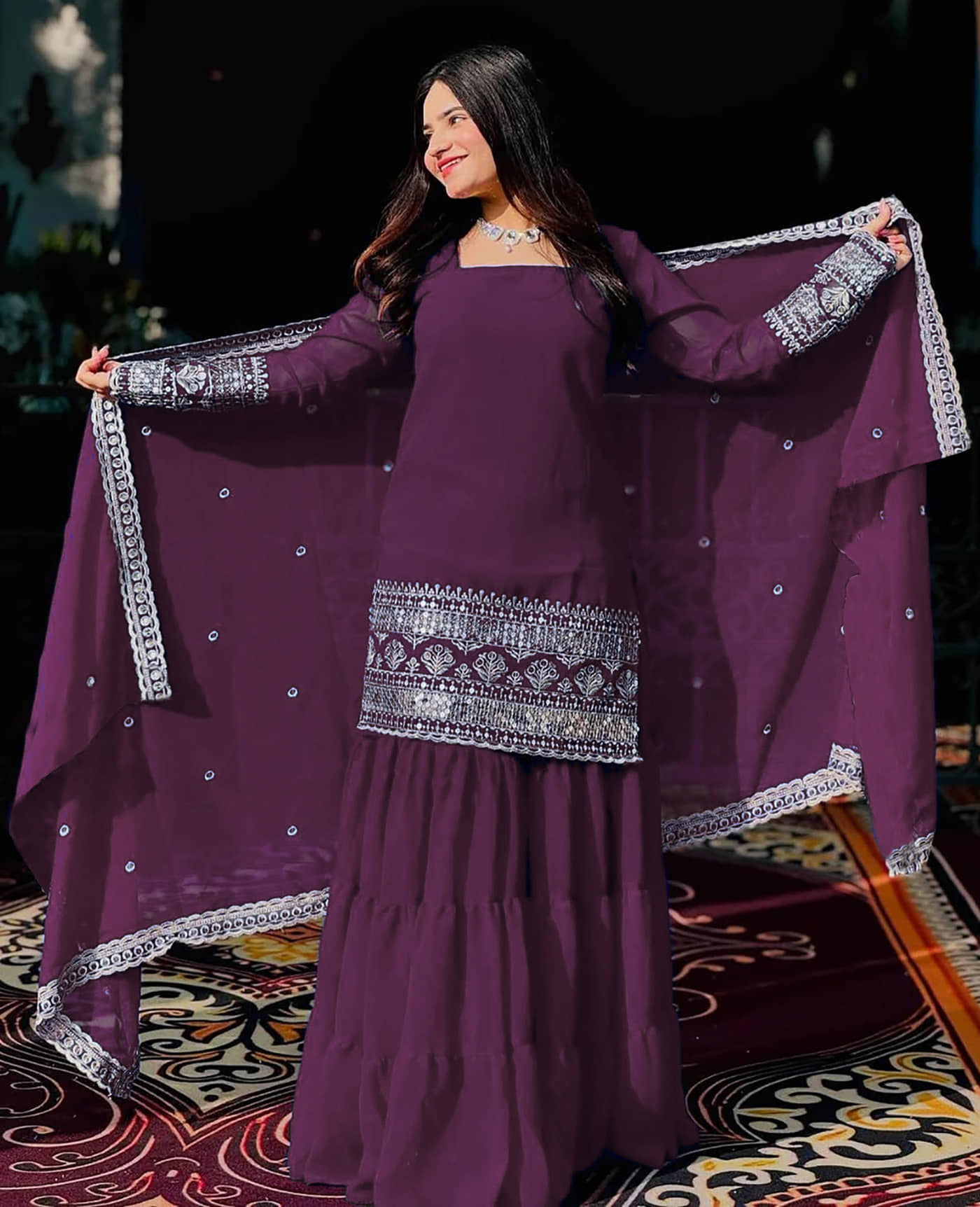 kedar fab Women Georgette Embroidered Straight Kurti With Sharara And Gharara ( Purple )