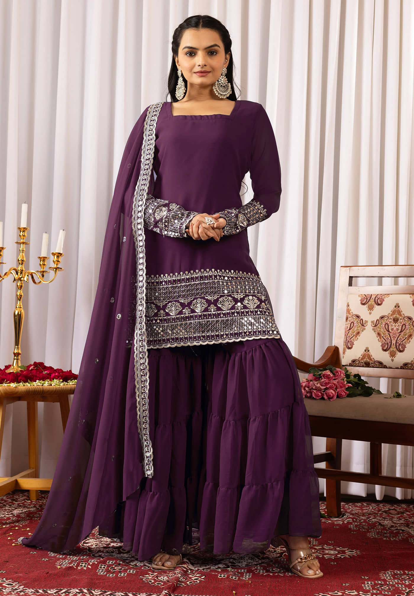 kedar fab Women Georgette Embroidered Straight Kurti With Sharara And Gharara ( Purple )