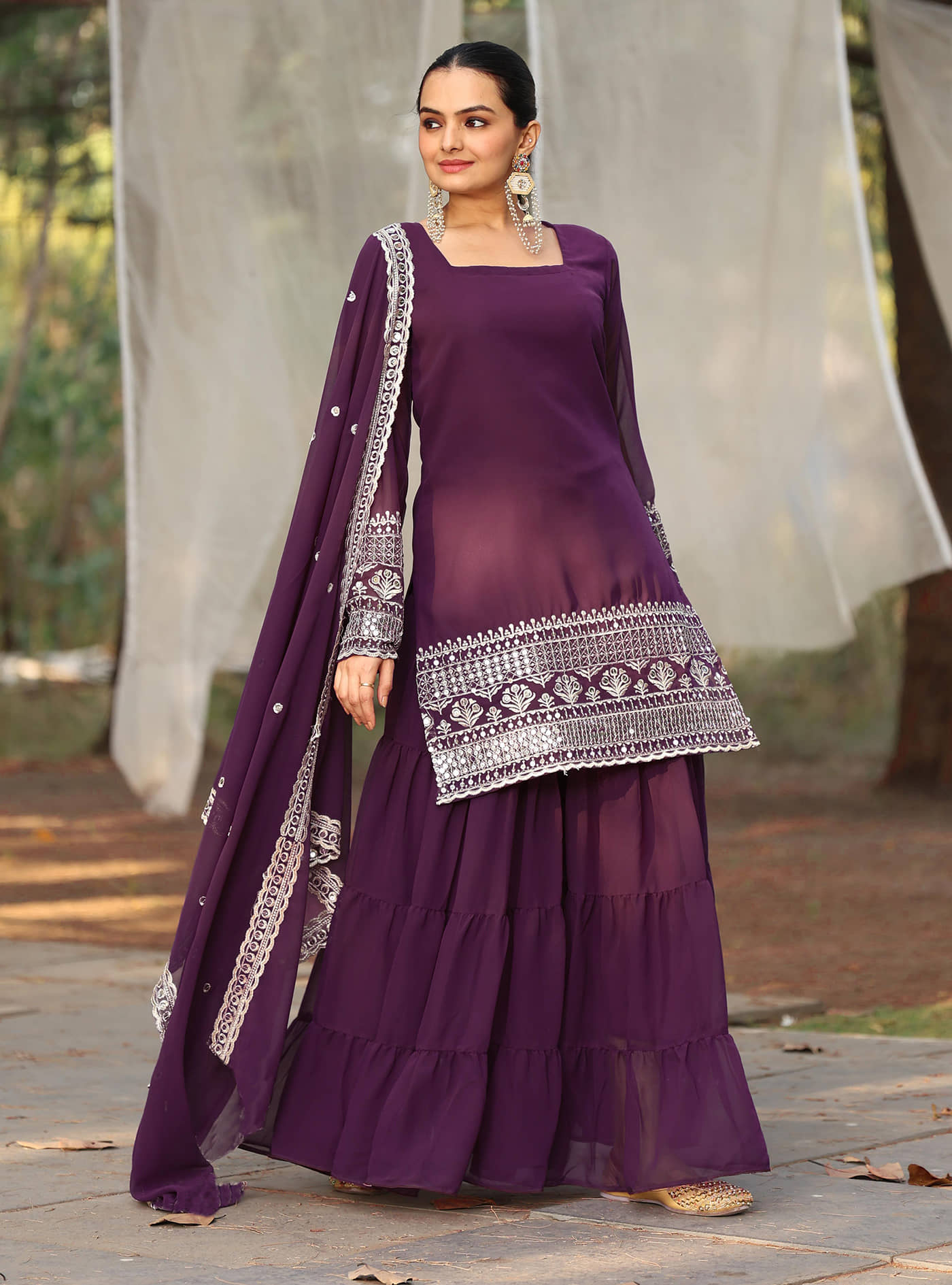 kedar fab Women Georgette Embroidered Straight Kurti With Sharara And Gharara ( Purple )