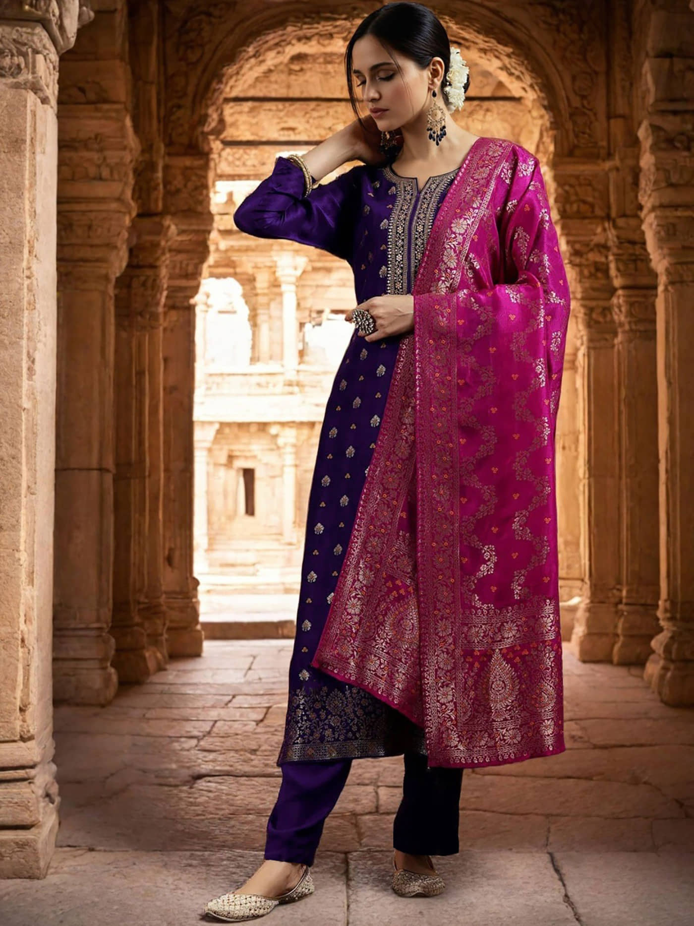 kedar fab Women Silk Blend Embroidered Straight Kurti With Pants ( Violet )