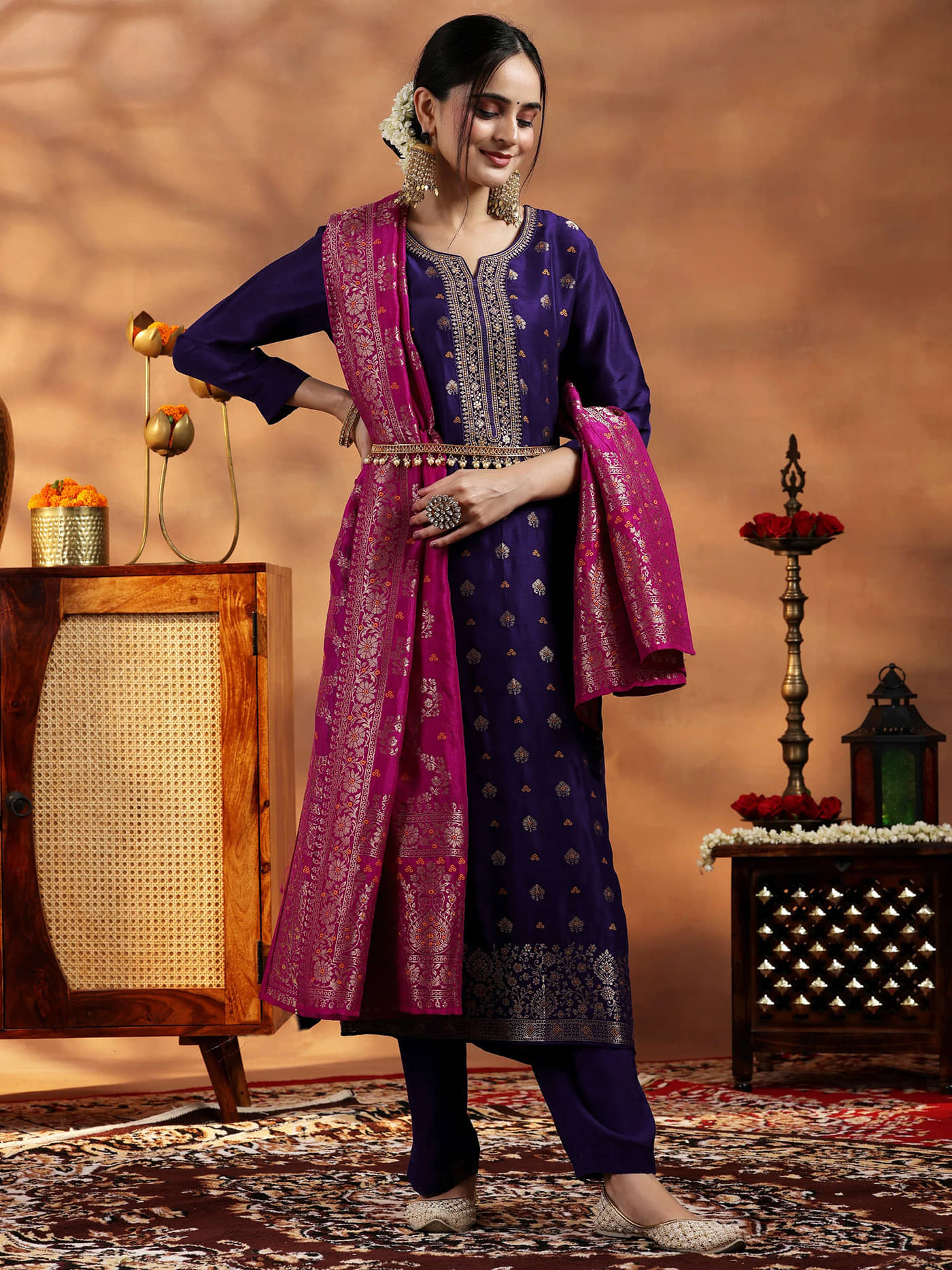 kedar fab Women Silk Blend Embroidered Straight Kurti With Pants ( Violet )