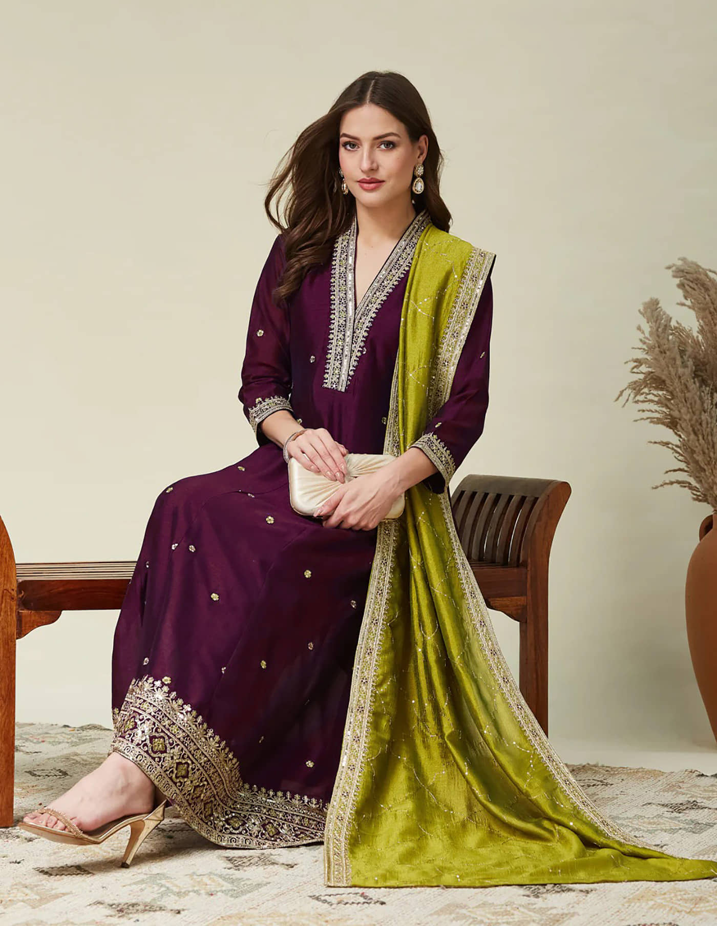 kedar fab Women Silk Blend Embroidered Anarkali Kurti With Pants ( Purple )
