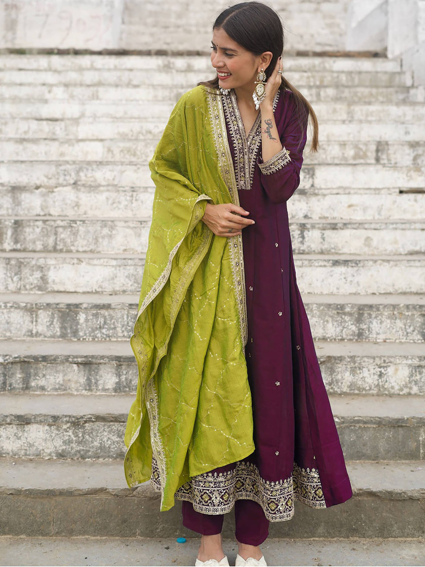 kedar fab Women Silk Blend Embroidered Anarkali Kurti With Pants ( Purple )