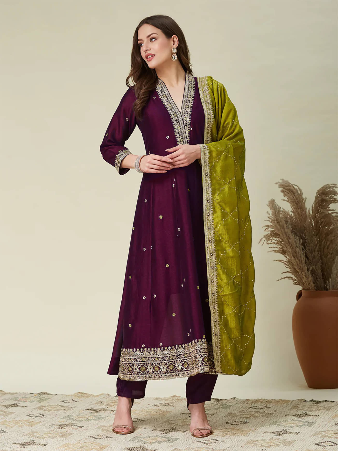 kedar fab Women Silk Blend Embroidered Anarkali Kurti With Pants ( Purple )
