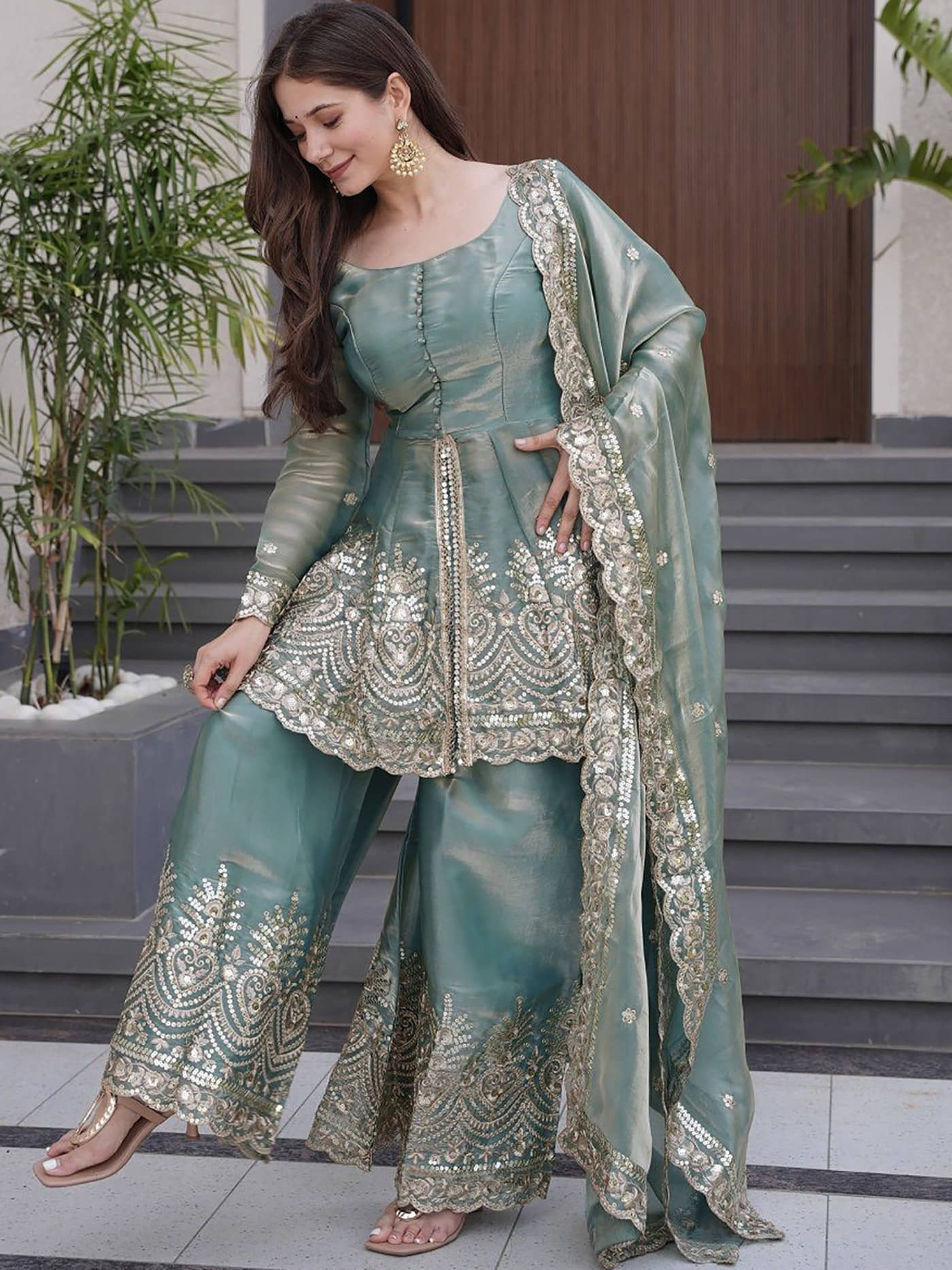 kedar fab Women Silk Embroidered Straight Kurti With Palazzo ( Teal )