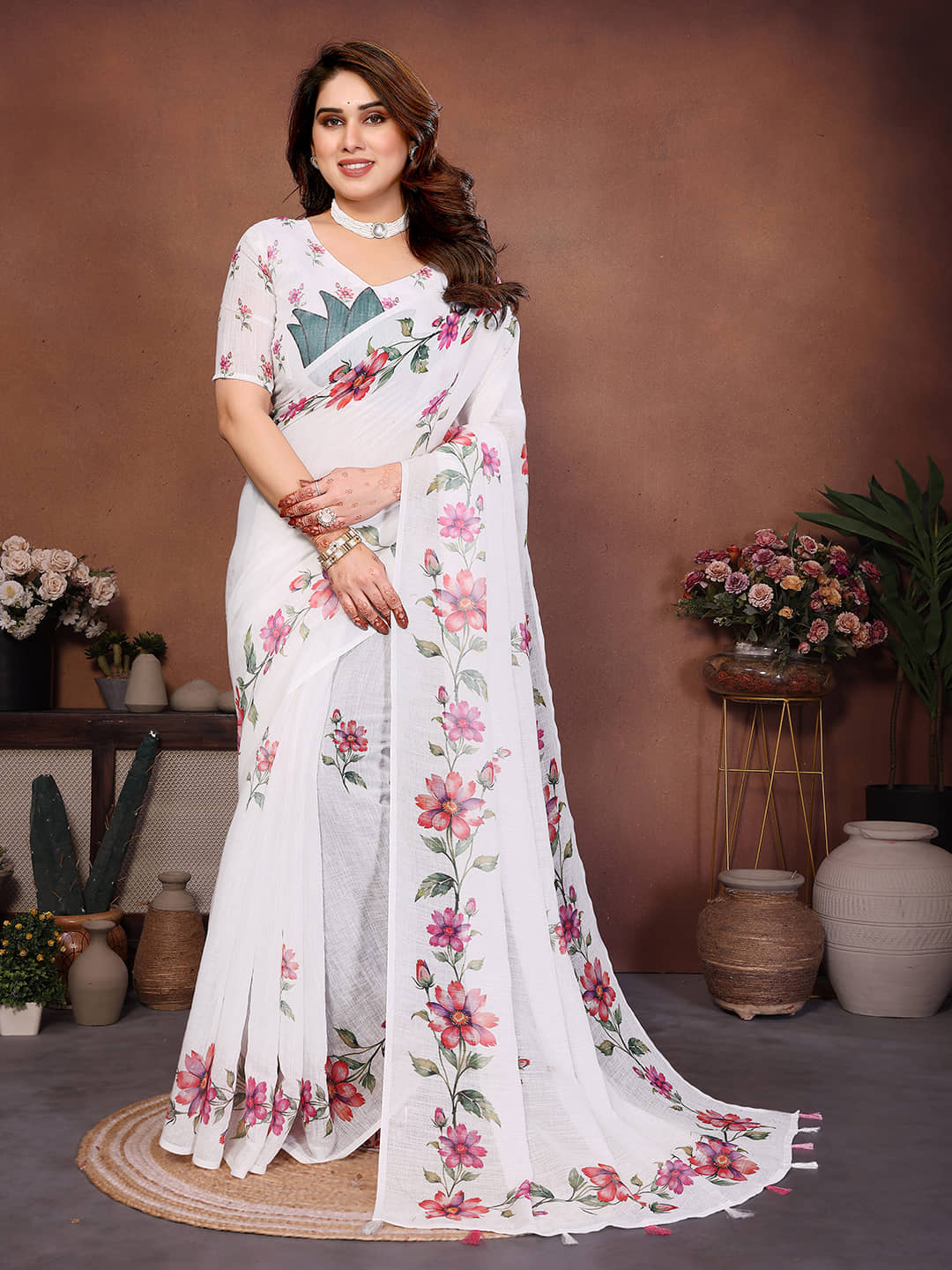 ANAND SAREES Linen Printed Regular Saree With Unstitched Blouse Piece ( White ) - Sarees | Buy online on ZillyBuy