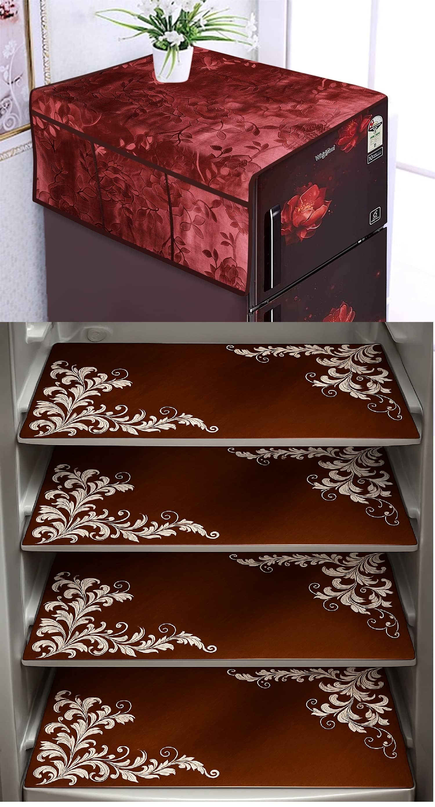 CreadCraft PVC Floral Fridge Mat & Cover ( 30 42 ) Pack of 5 - Brown