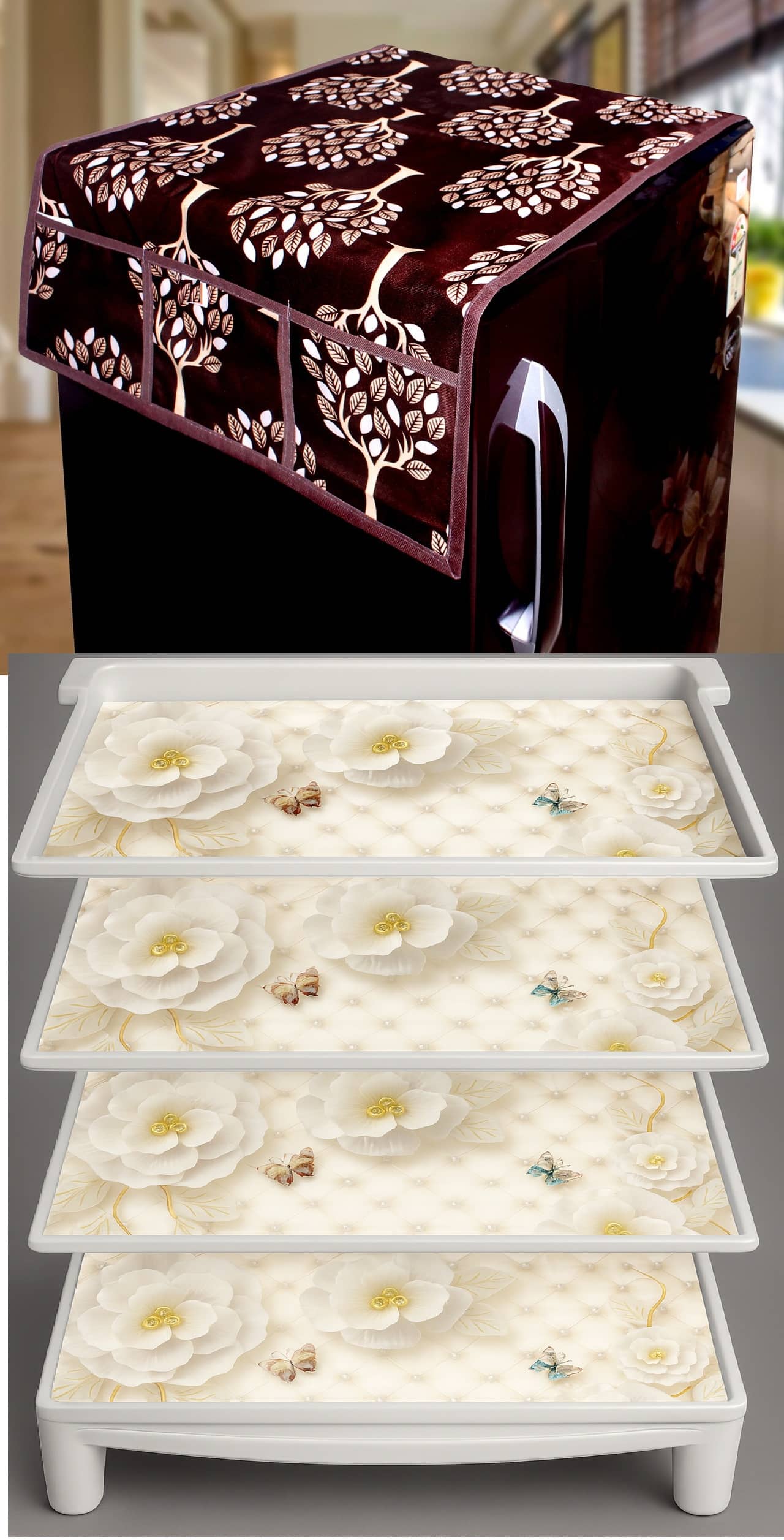 CreadCraft PVC Floral Fridge Mat & Cover ( 30 42 ) Pack of 5 - Multicolor