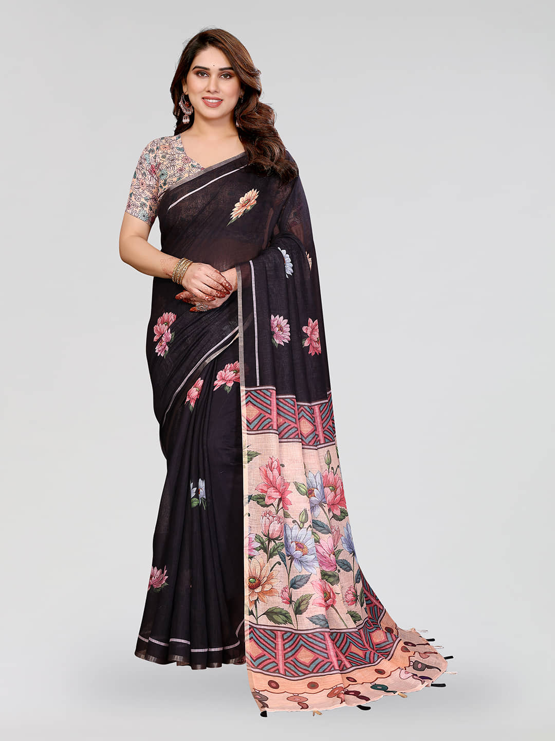 Kashvi Sarees Linen Printed Regular Saree With Unstitched Blouse Piece ( Black ) - Sarees | Buy online on ZillyBuy
