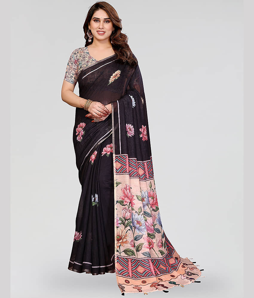 Kashvi Sarees Linen Printed Regular Saree With Unstitched Blouse Piece ( Black ) - Sarees | Buy online on ZillyBuy