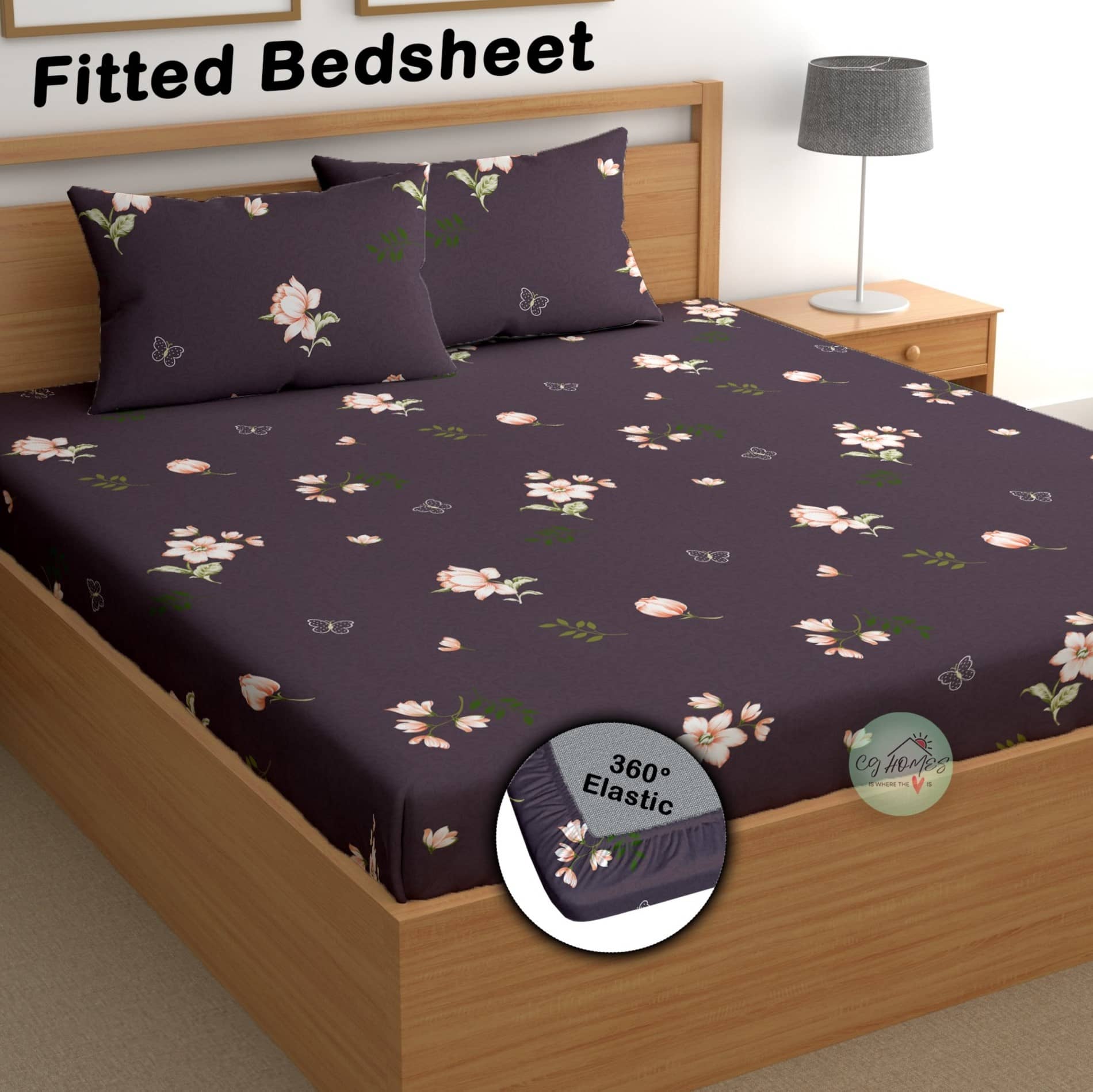CG HOMES Cotton Floral Fitted 1 Bedsheet with 2 Pillow Covers ( Double Bed ) - Purple