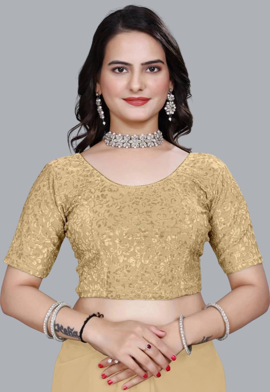 MAATE Lycra Readymade without Pad Round Neck Women's Blouse ( Gold )