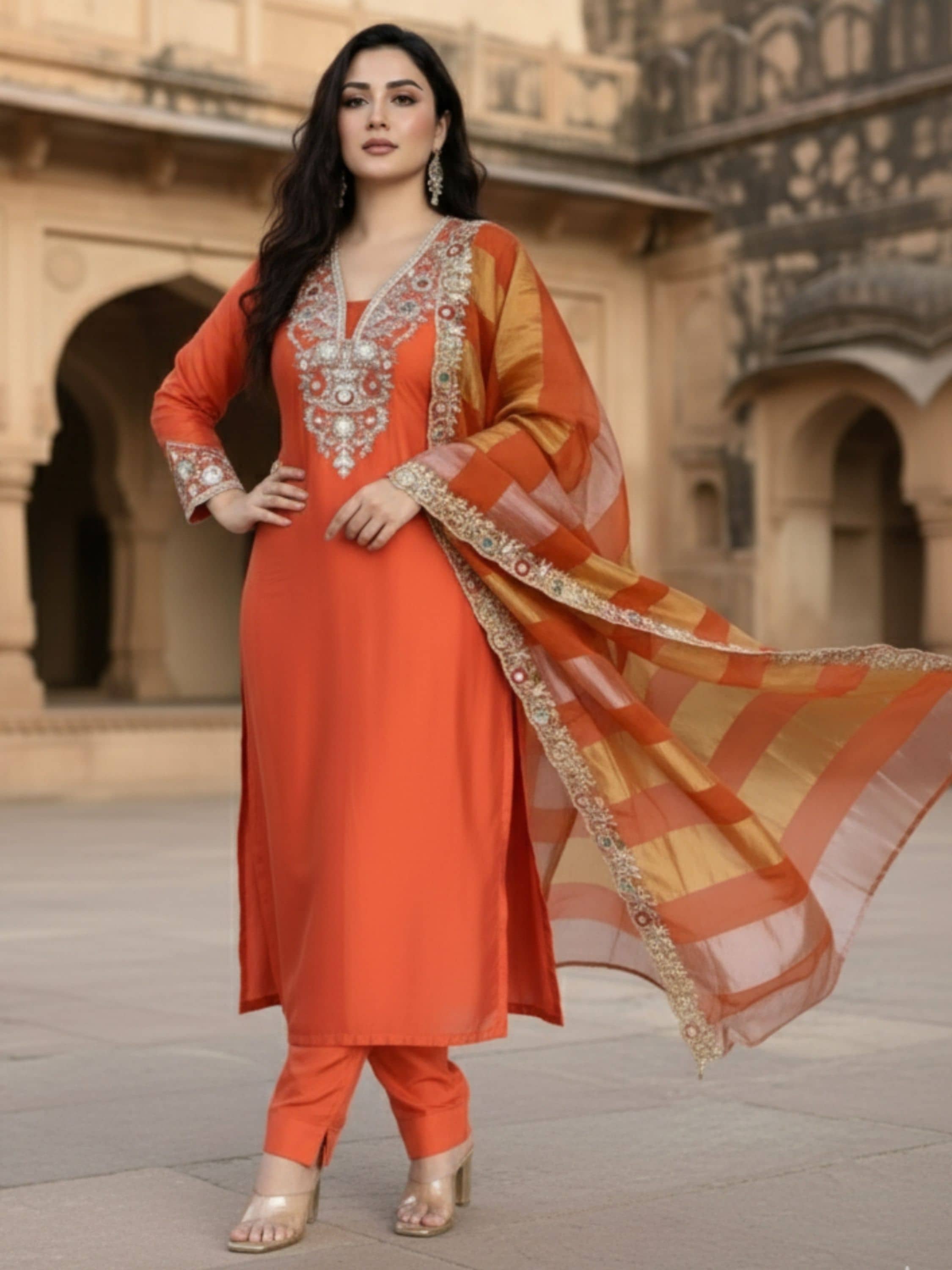 Niza Fashion Women Silk Embroidered Straight Kurti With Pants ( Orange )