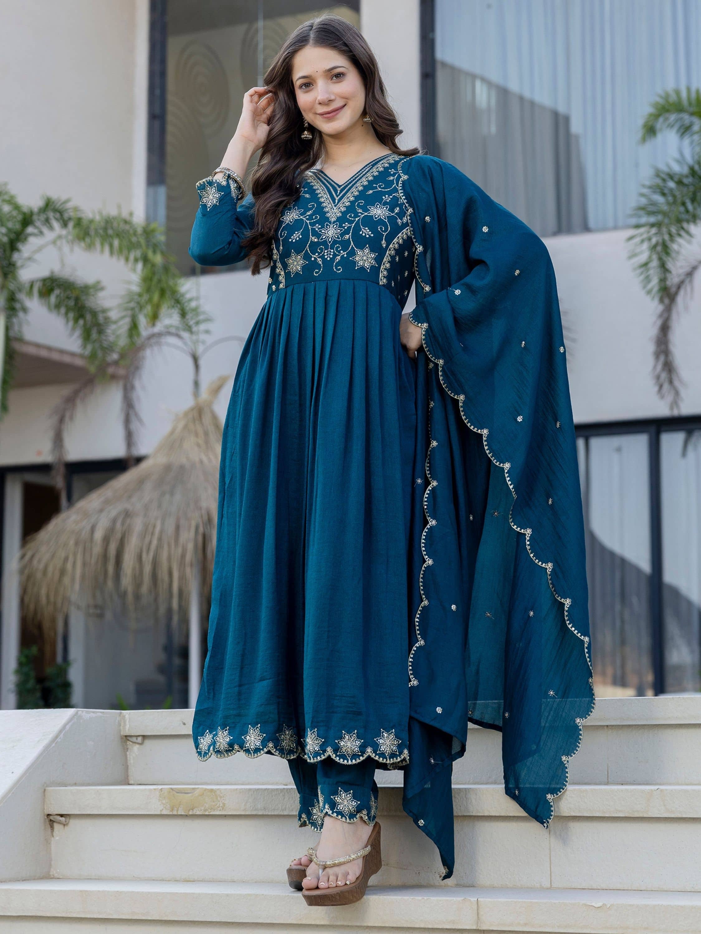 Niza Fashion Women Silk Embroidered Straight Kurti With Pants ( Indigo )