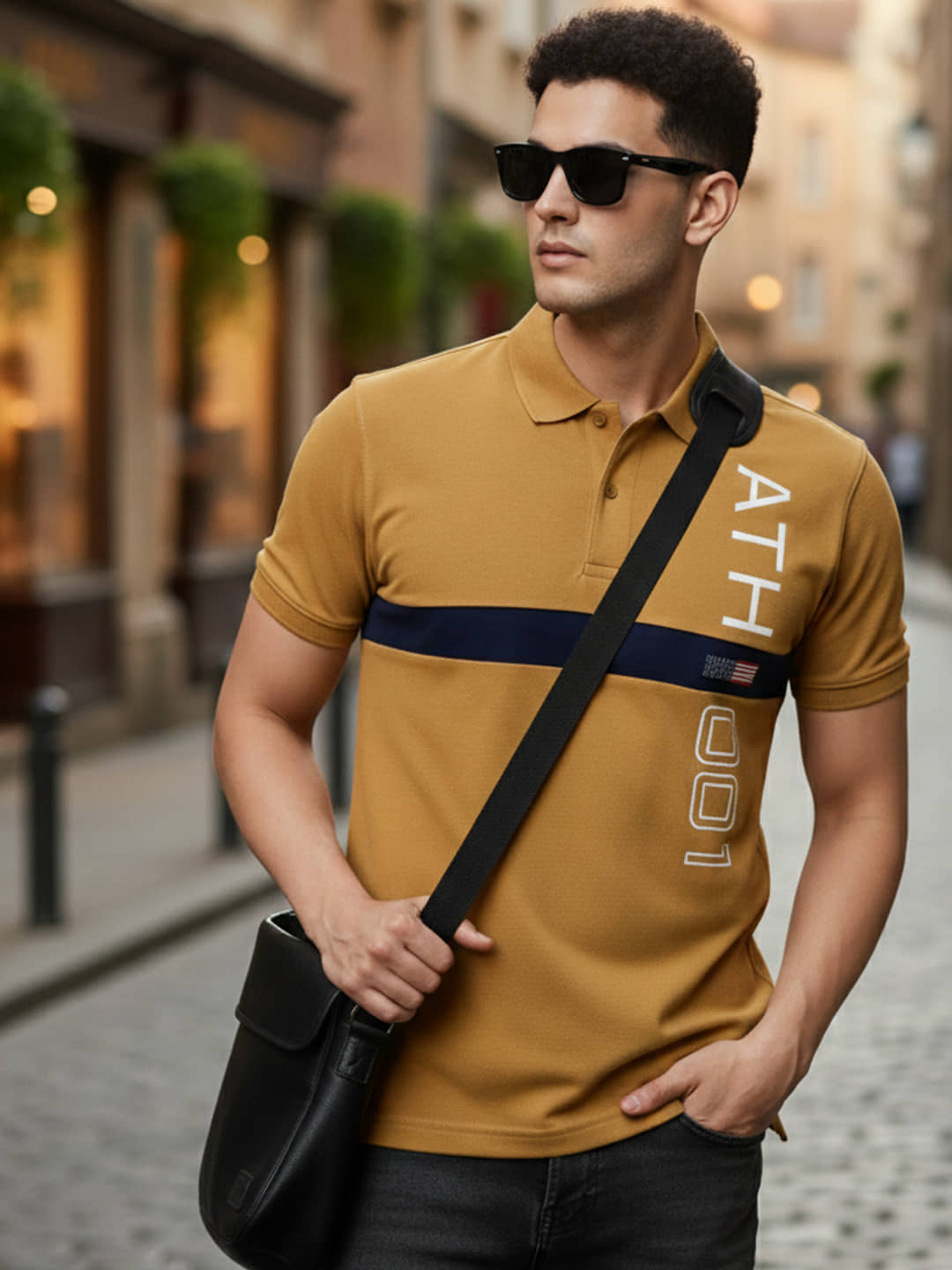 OGEN Men Cotton Blend Regular Fit Printed Polo T Shirt ( Mustard )