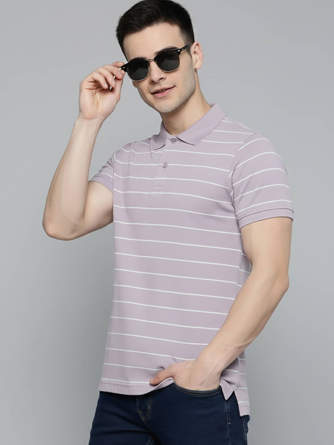 OGEN Men Cotton Blend Regular Fit Striped Polo T Shirt ( Lavender )