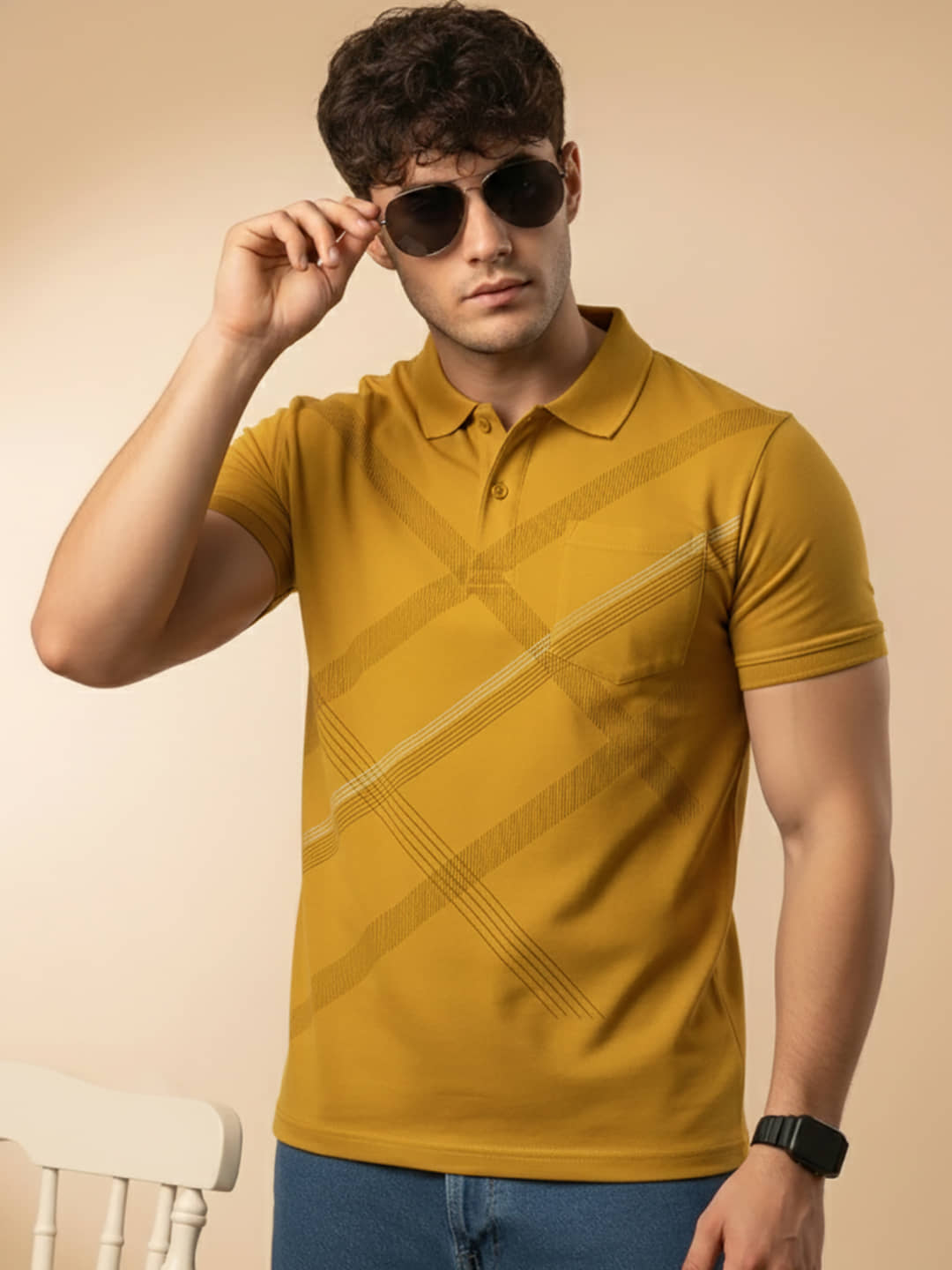 OGEN Men Cotton Blend Regular Fit Printed Polo T Shirt ( Mustard )
