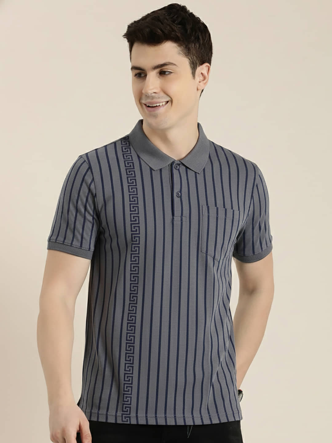 OGEN Men Cotton Blend Regular Fit Striped Polo T Shirt ( Lavender )