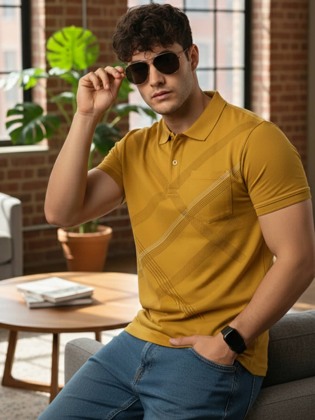 OGEN Men Cotton Blend Regular Fit Printed Polo T Shirt ( Mustard )