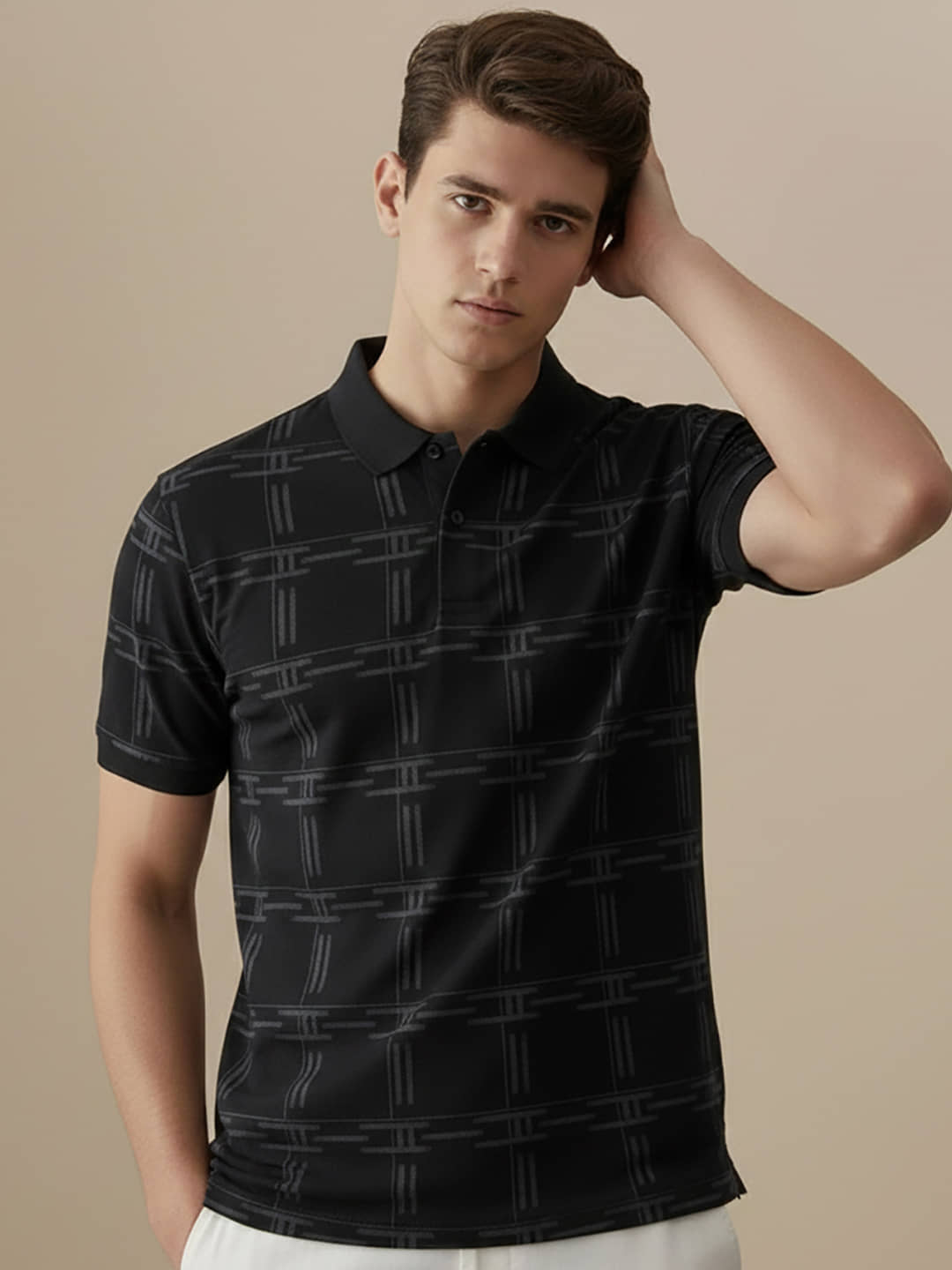 OGEN Men Cotton Blend Regular Fit Printed Polo T Shirt ( Black )