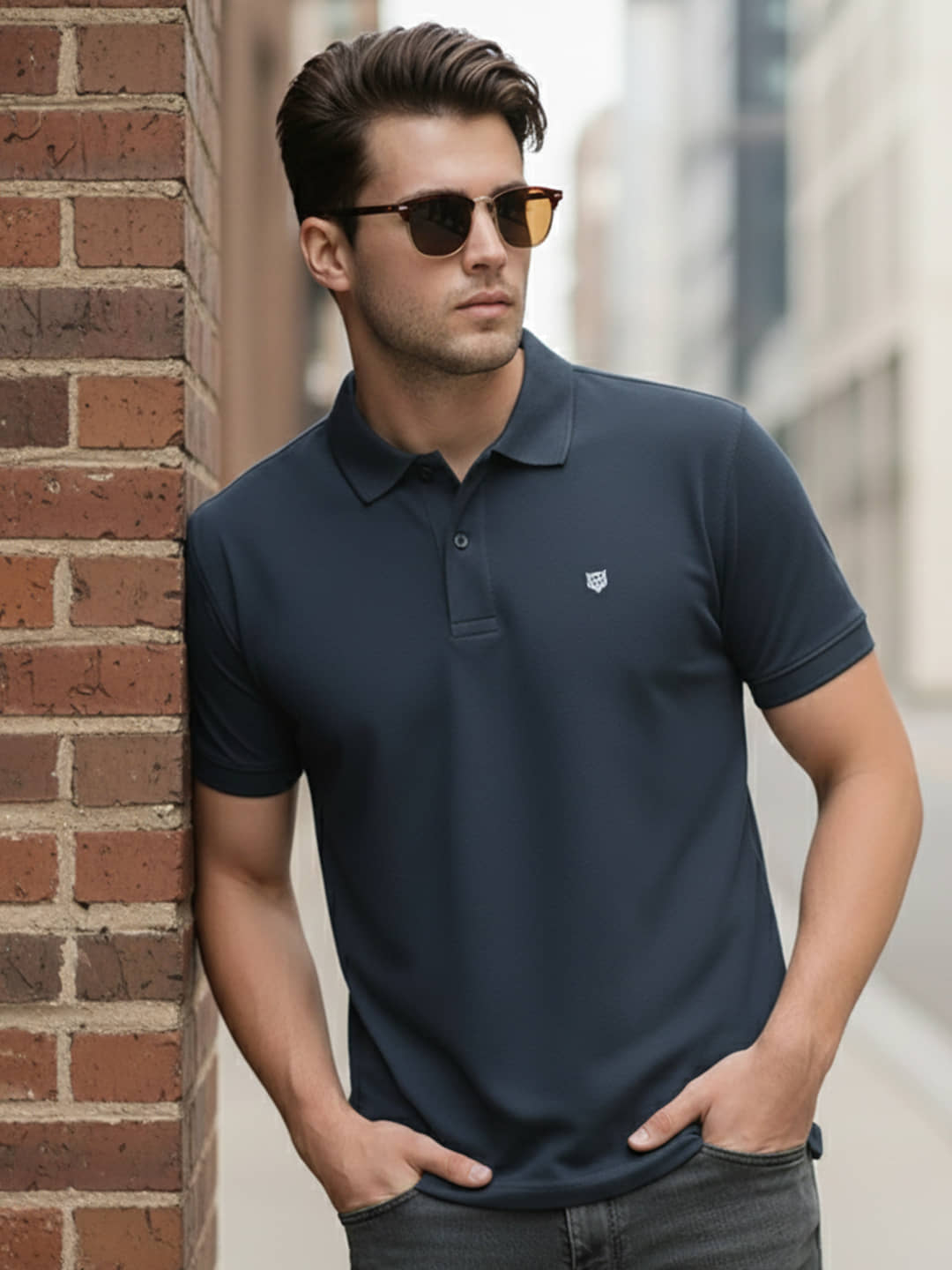 OGEN Men Cotton Blend Regular Fit Solid Polo T Shirt ( Navy Blue )