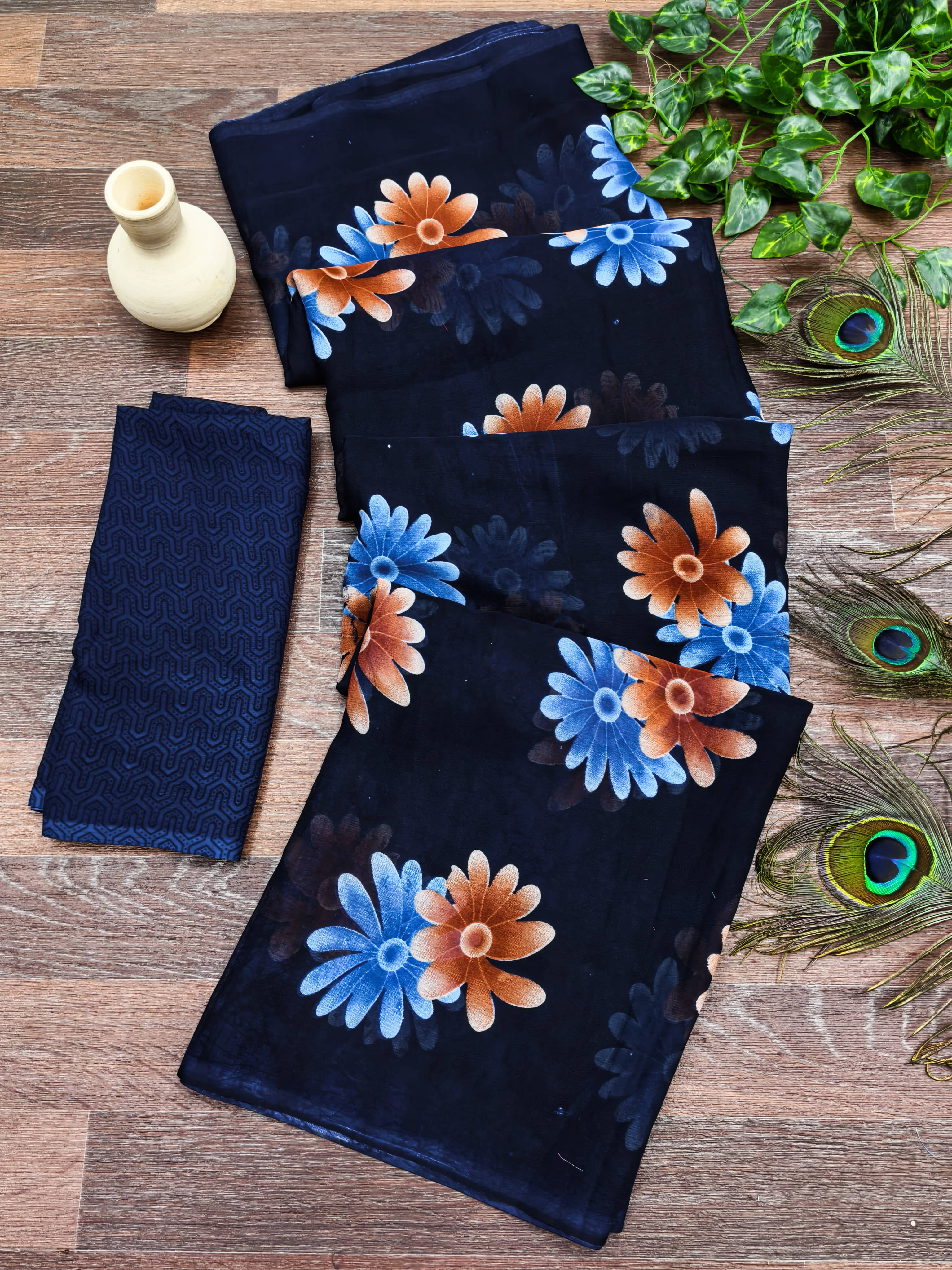 ANAND SAREES Georgette Printed Kasavu Saree With Unstitched Blouse Piece ( BLUE ) - Sarees | Buy online on ZillyBuy