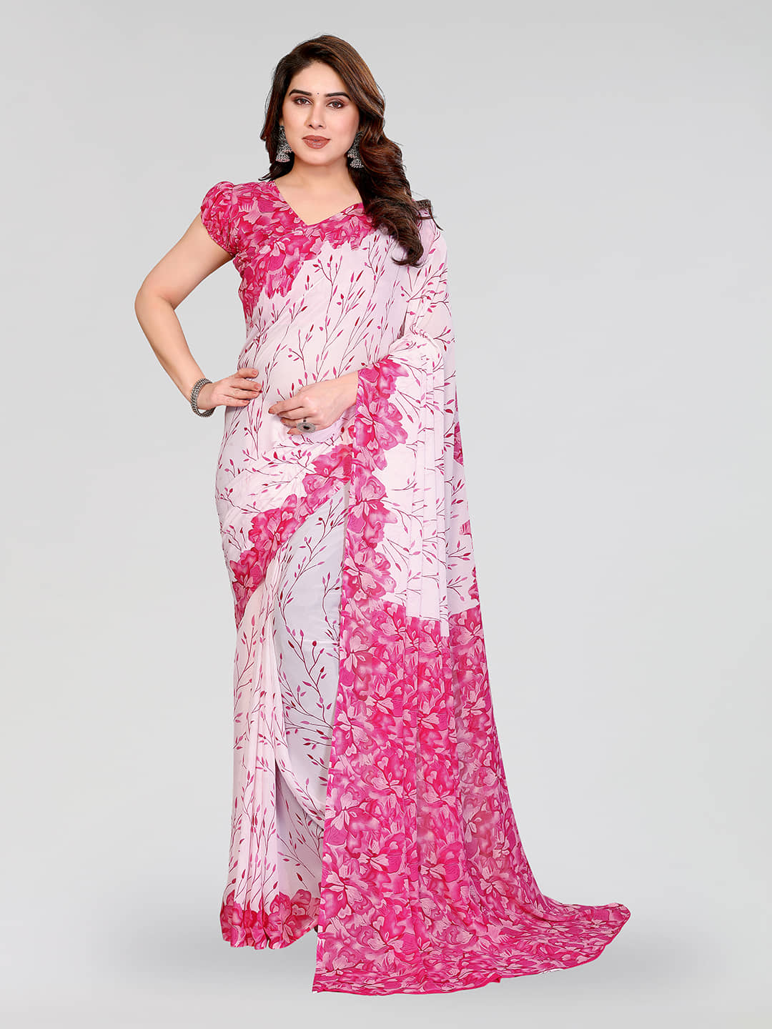 ANAND SAREES Georgette Printed Kasavu Saree With Unstitched Blouse Piece ( PINK ) - Sarees | Buy online on ZillyBuy