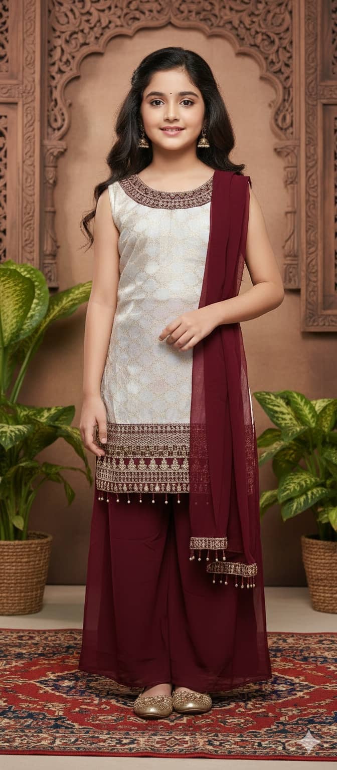 Aarika Girls Silk Kurti with Palazzo ( Pack of 1 , Cream )